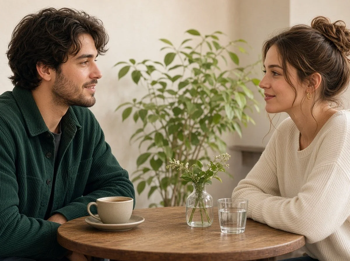 A couple facing each other at a cafe table, both faces visible, quiet talk