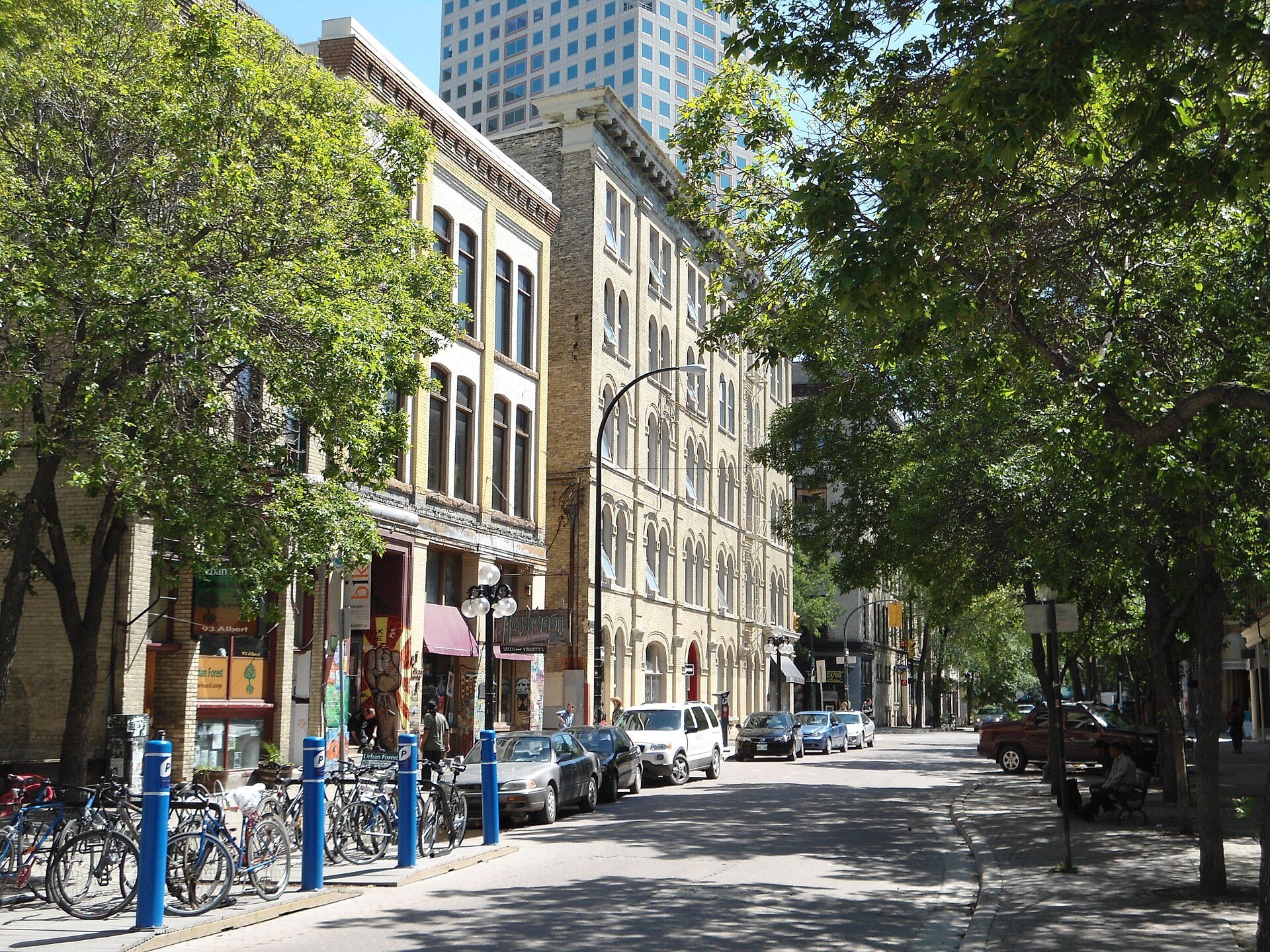 Heritage brick buildings along Albert Street in Winnipeg's Exchange District.