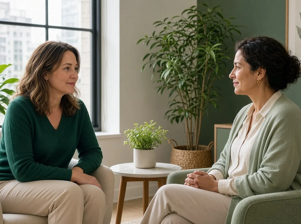 An adult talking with a counsellor in a bright downtown Ottawa office