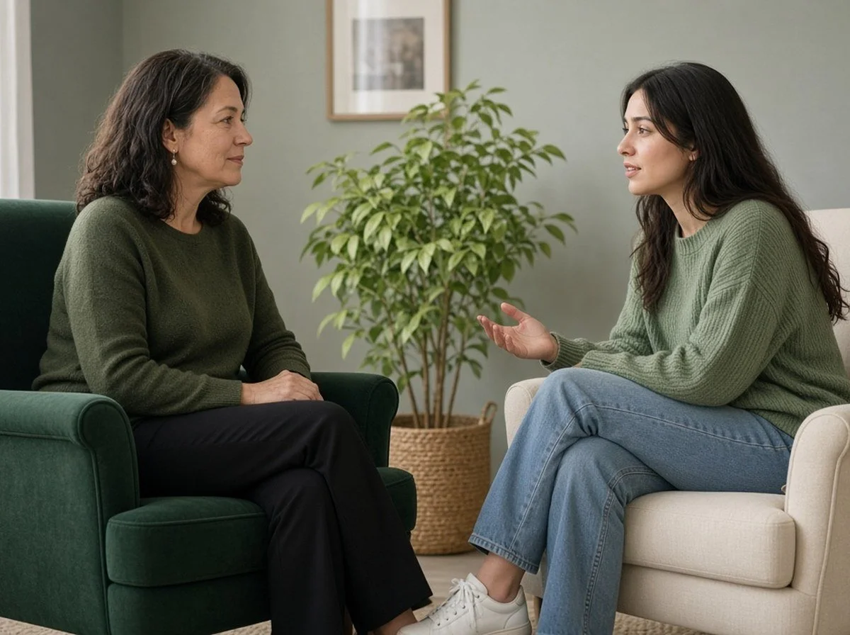 A counsellor and a client facing each other talking in a calm room