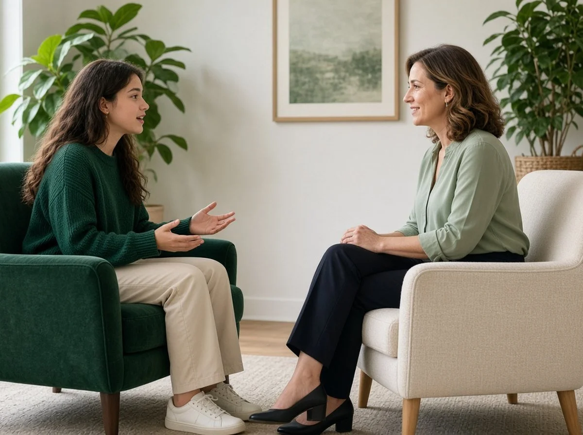A teenage girl talking with a therapist in a bright counselling room