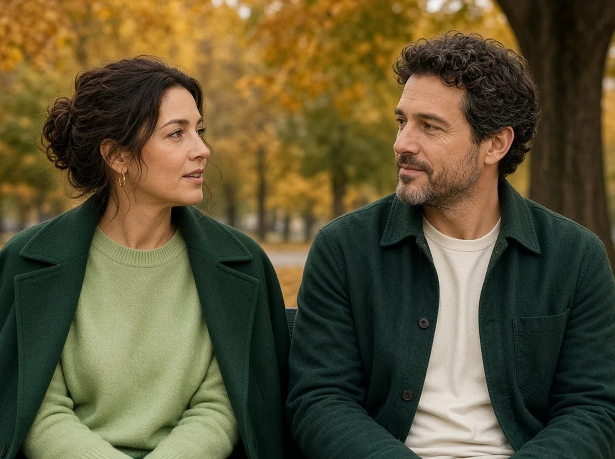 Two adults talking on an autumn park bench