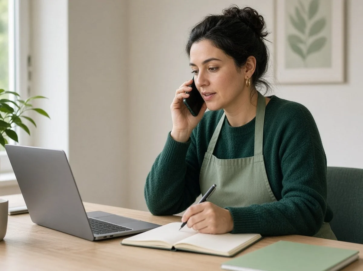 An adult on a phone call at a desk with a laptop, checking benefits