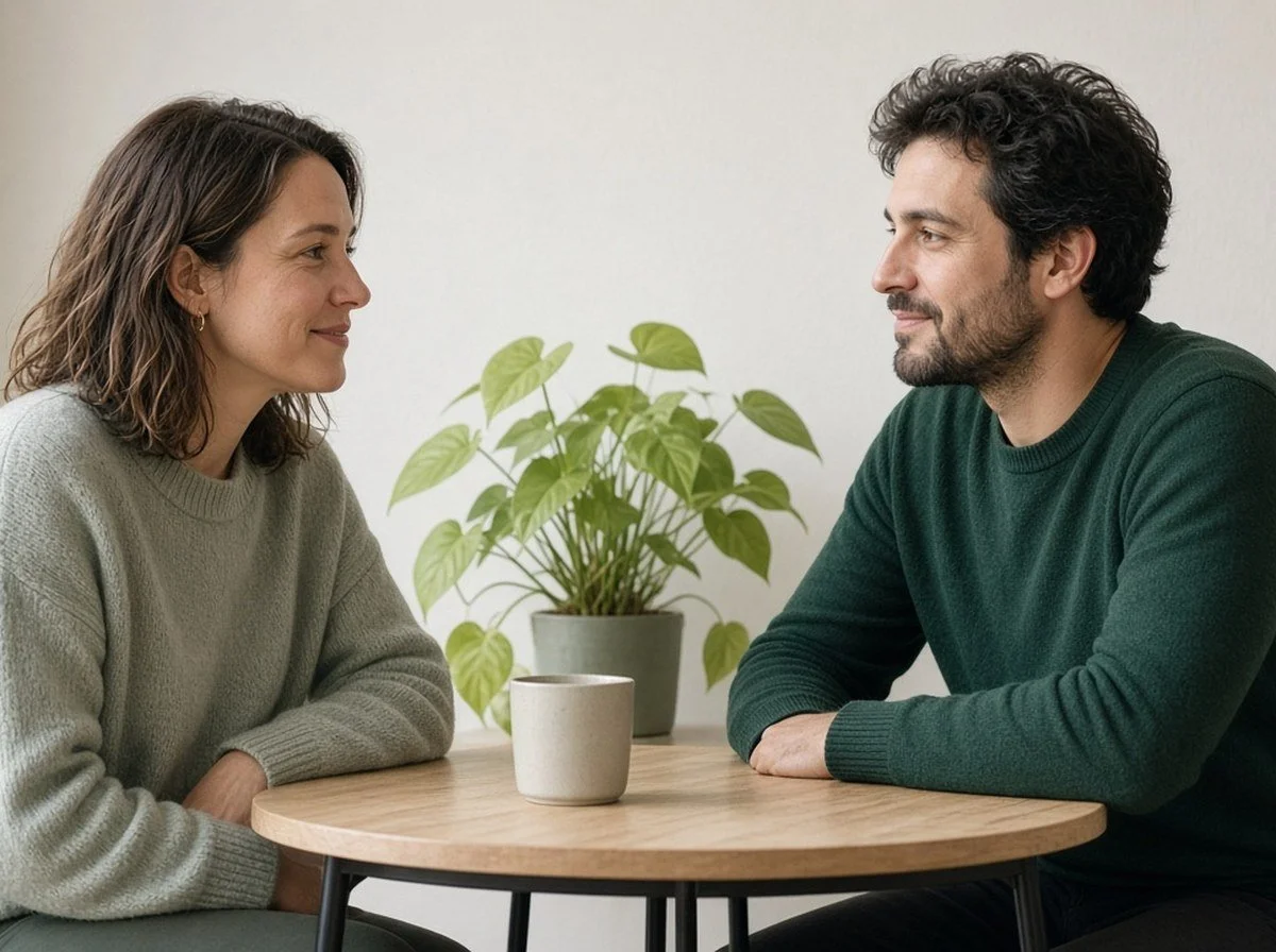 Two adults sitting face to face at a table, both faces visible, talking gently