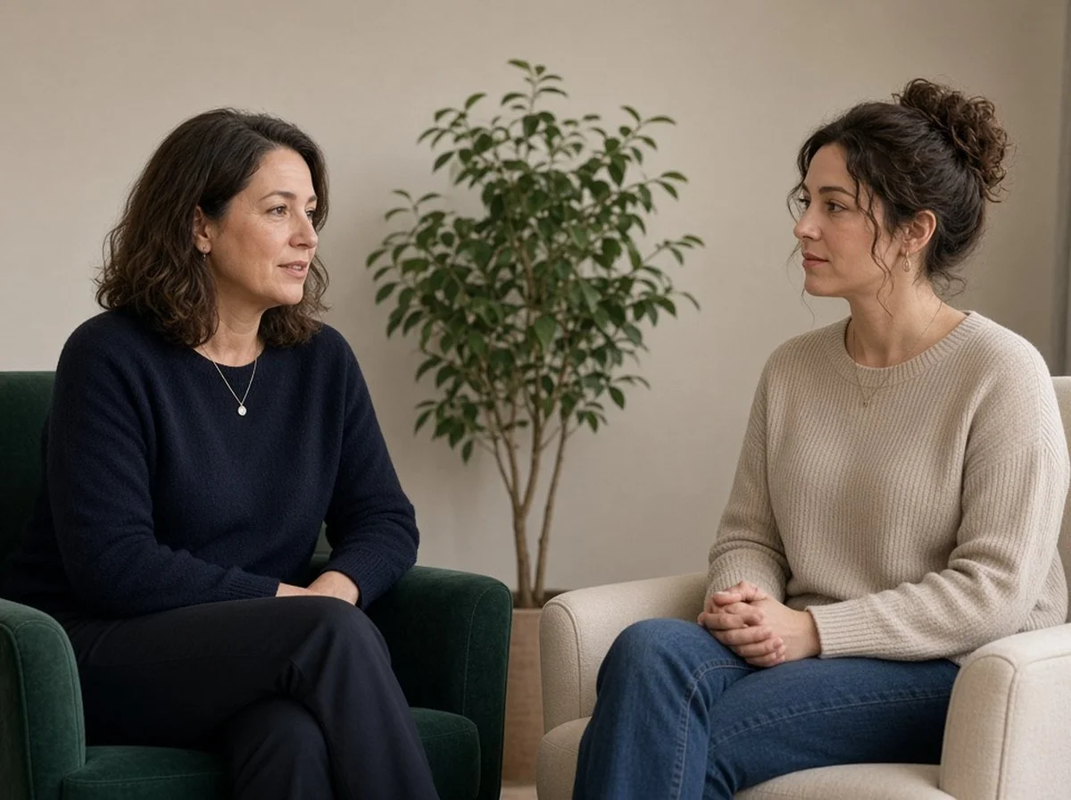 A counsellor and a new mother talking face to face in a calm counselling room