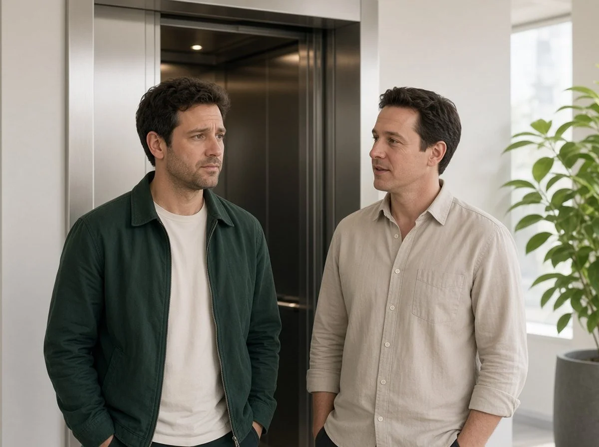 A man standing near an open elevator in an office lobby while a coworker talks with him calmly