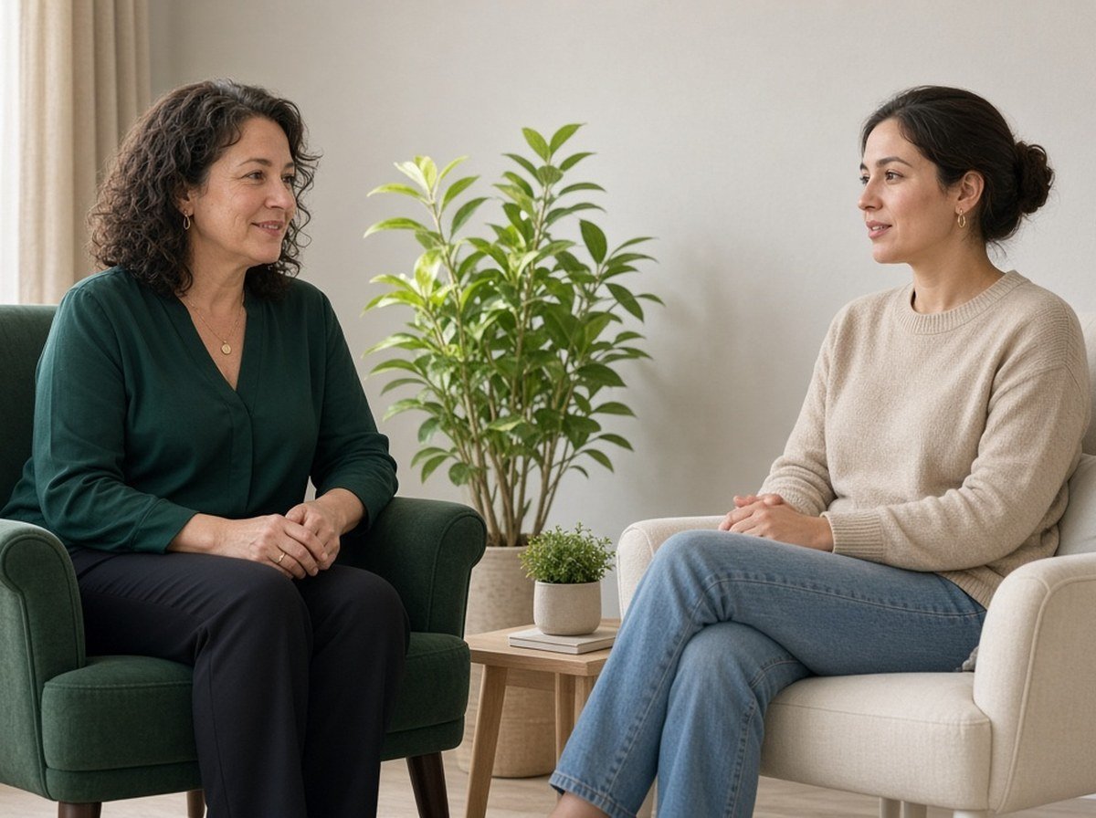 A counsellor and a client facing each other talking in a calm counselling room