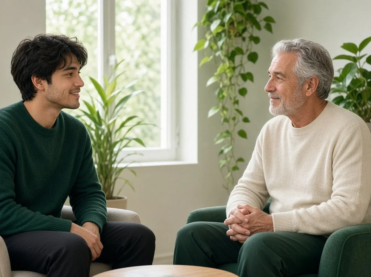 Young man talking with an older male therapist