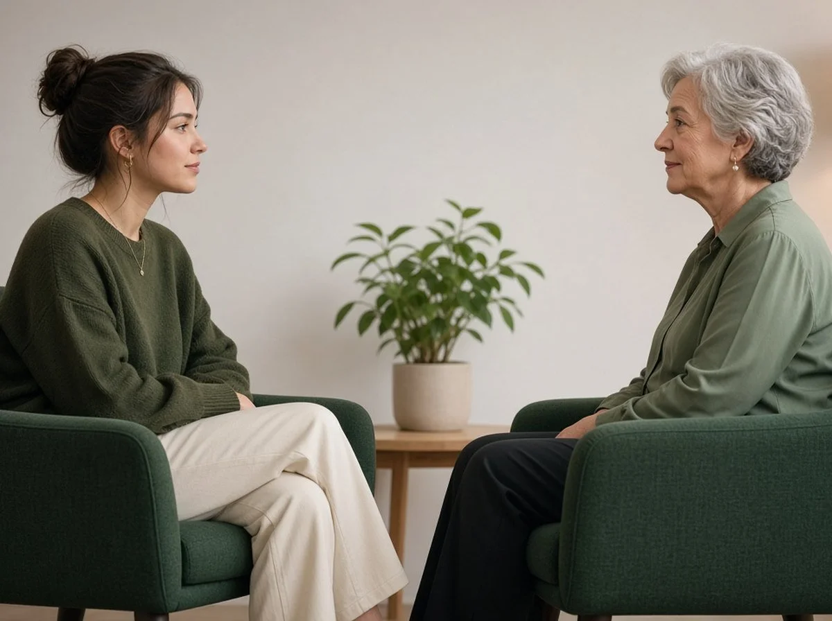 Young woman talking with an older woman therapist, seen from the side