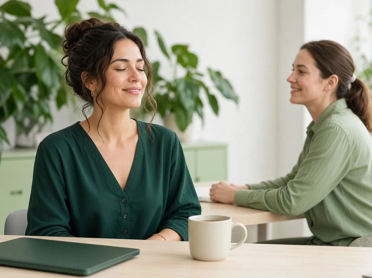 A woman taking a slow calming breath at her desk
