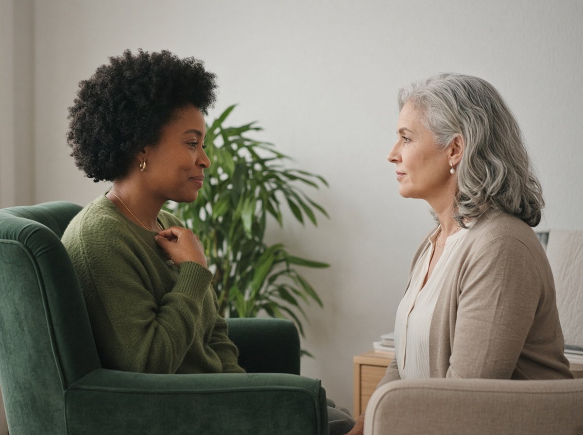 Woman speaking a little shyly to her therapist in a session