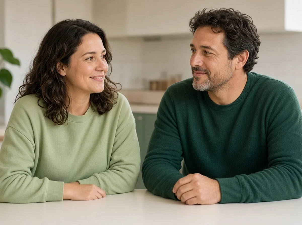 An adult and a supportive partner talking calmly at a kitchen table