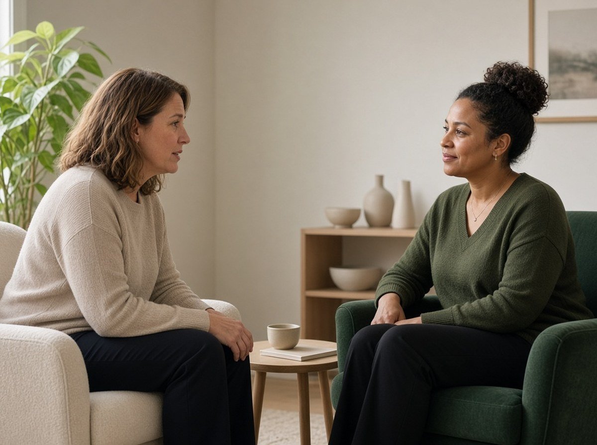 A counsellor and a parent facing each other talking in a calm room