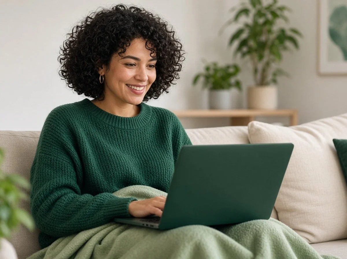 A young woman in an online therapy session at home