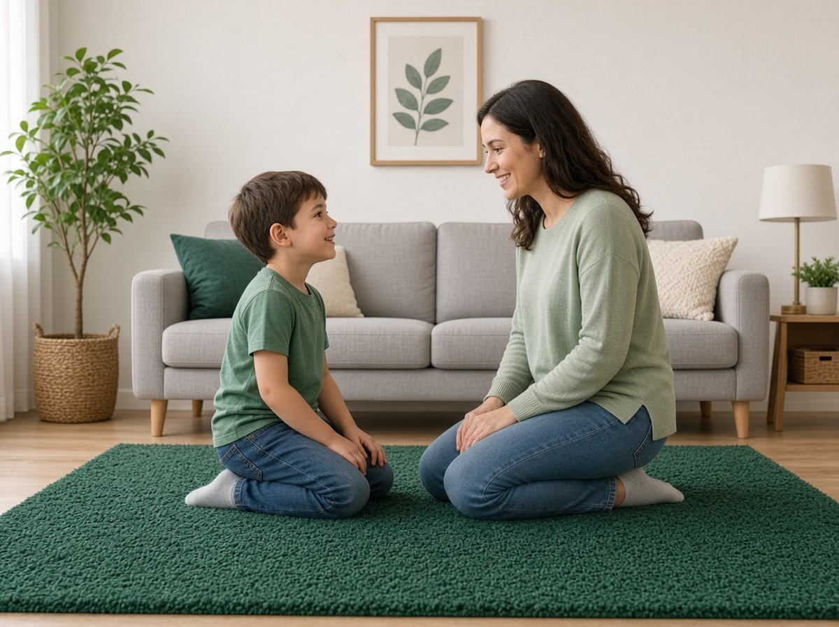 Mother kneeling to talk calmly with her young son