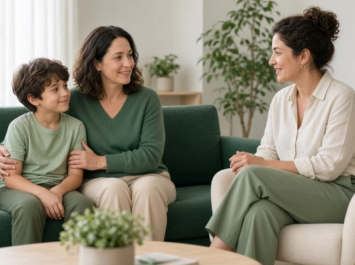 A child and parent talking with a friendly therapist in a bright room