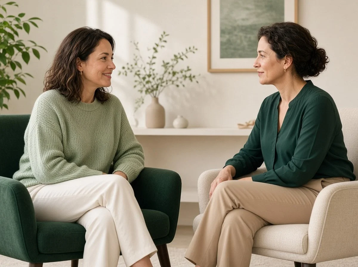 A woman talking with a counsellor in a calm therapy room