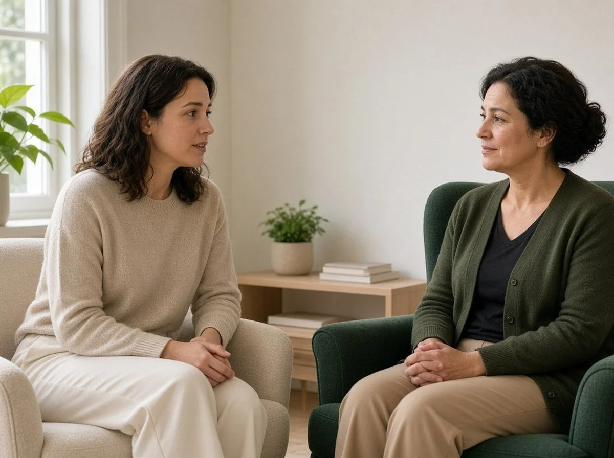 A woman and a counsellor facing each other talking in a calm room