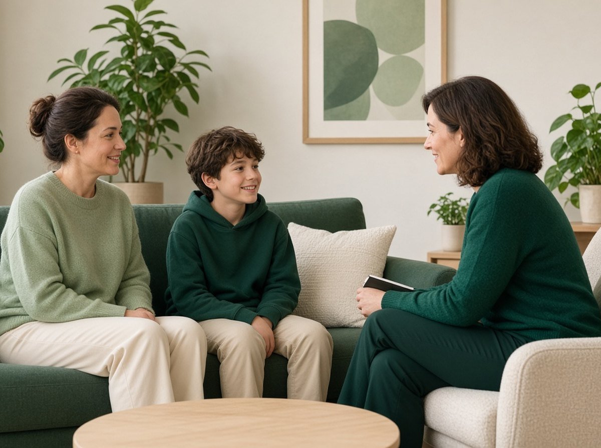 A parent and child talking with a therapist in a friendly office