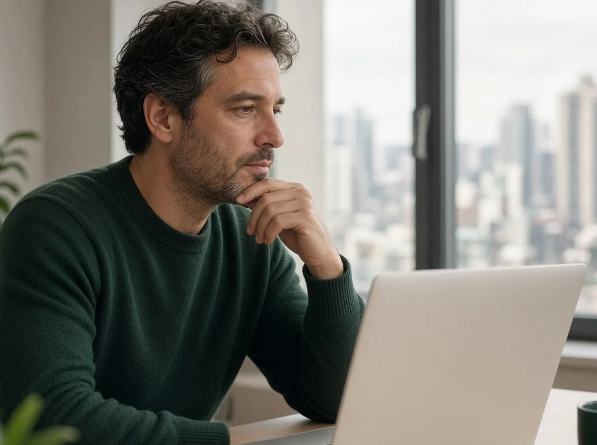 Man in an online session by a city window