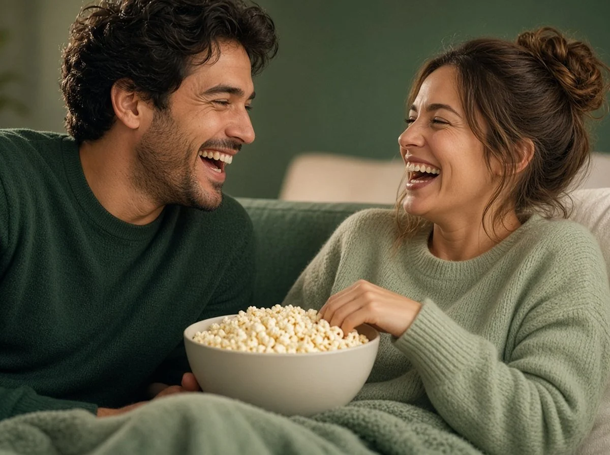 Two friends laughing together on a sofa