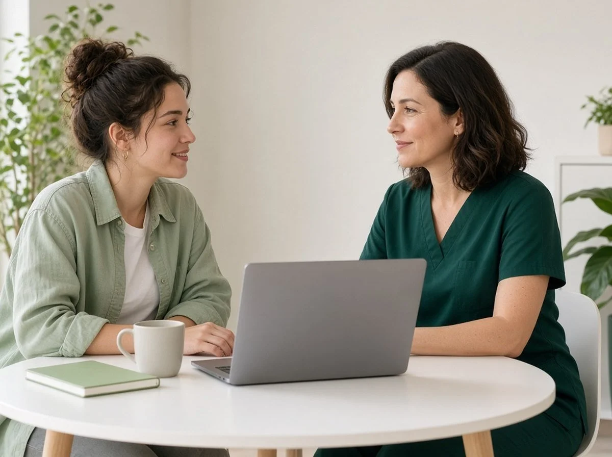 Student talking with a clinician at a table in a bright office