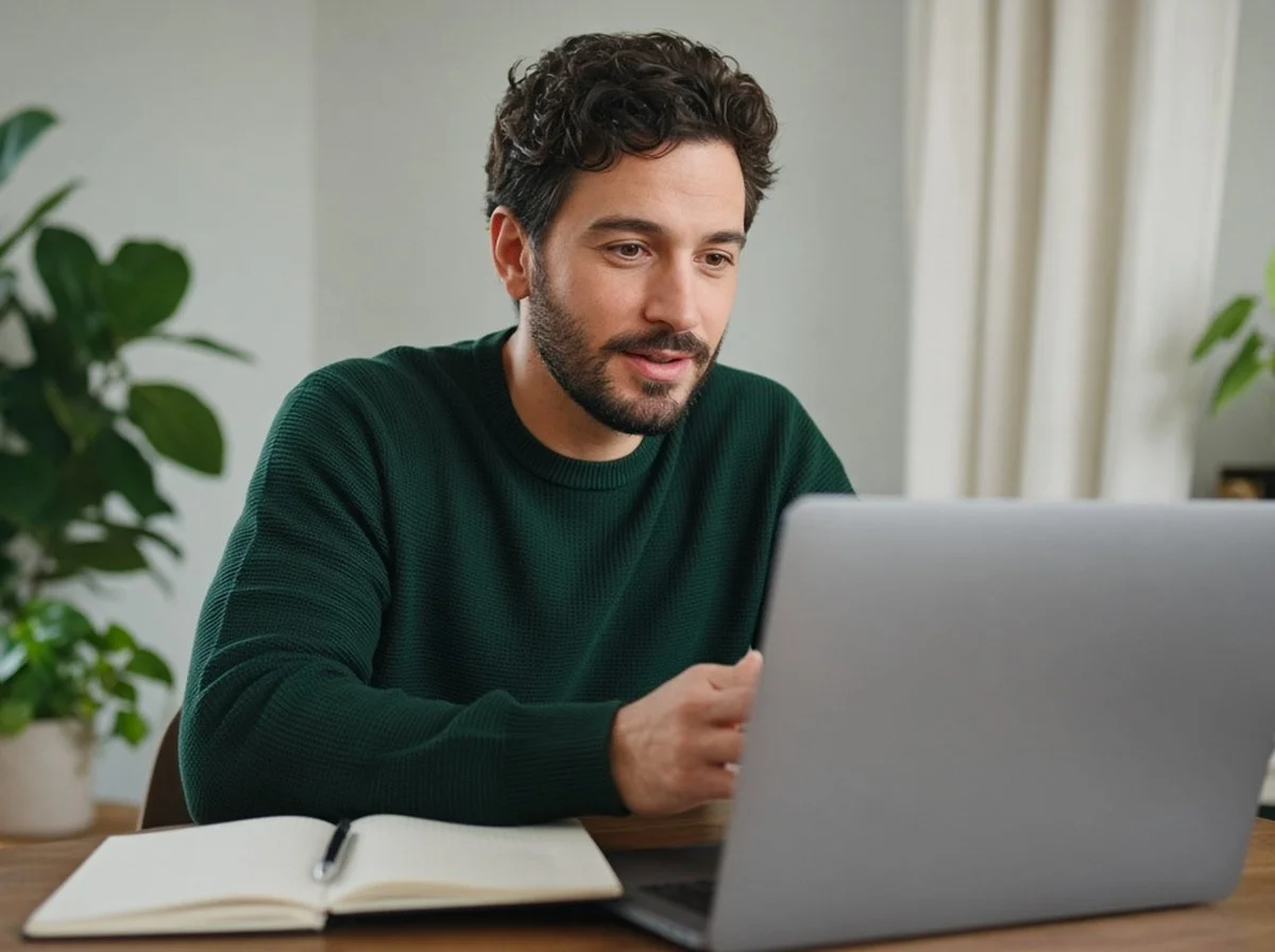 Man in an online therapy session at home with a notebook