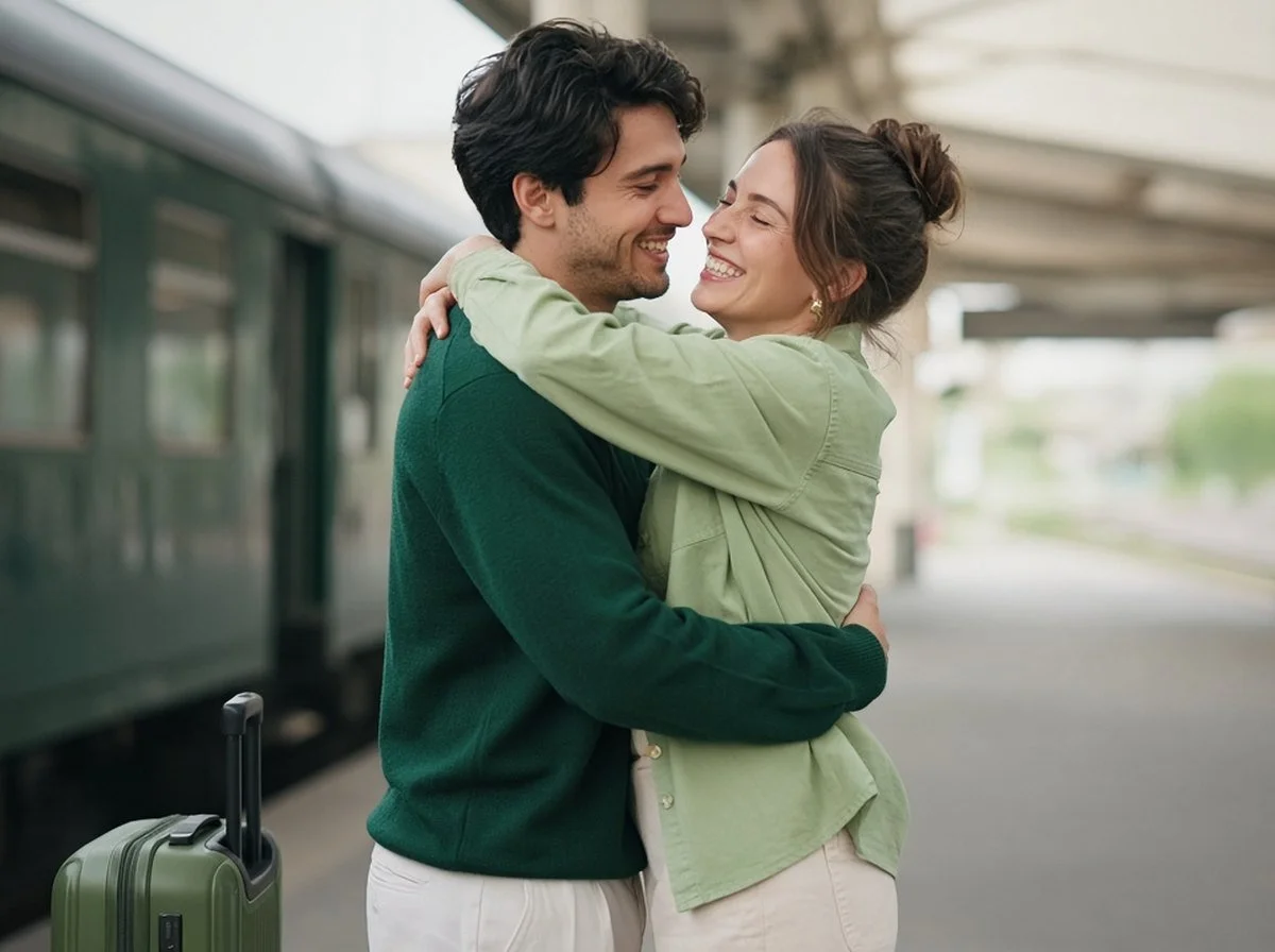 Couple hugging on a train platform