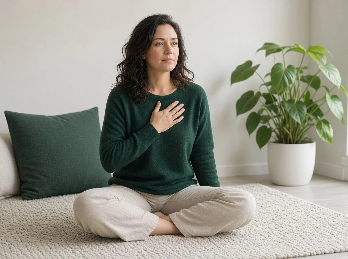 Woman sitting on a rug with eyes open, hand on her chest