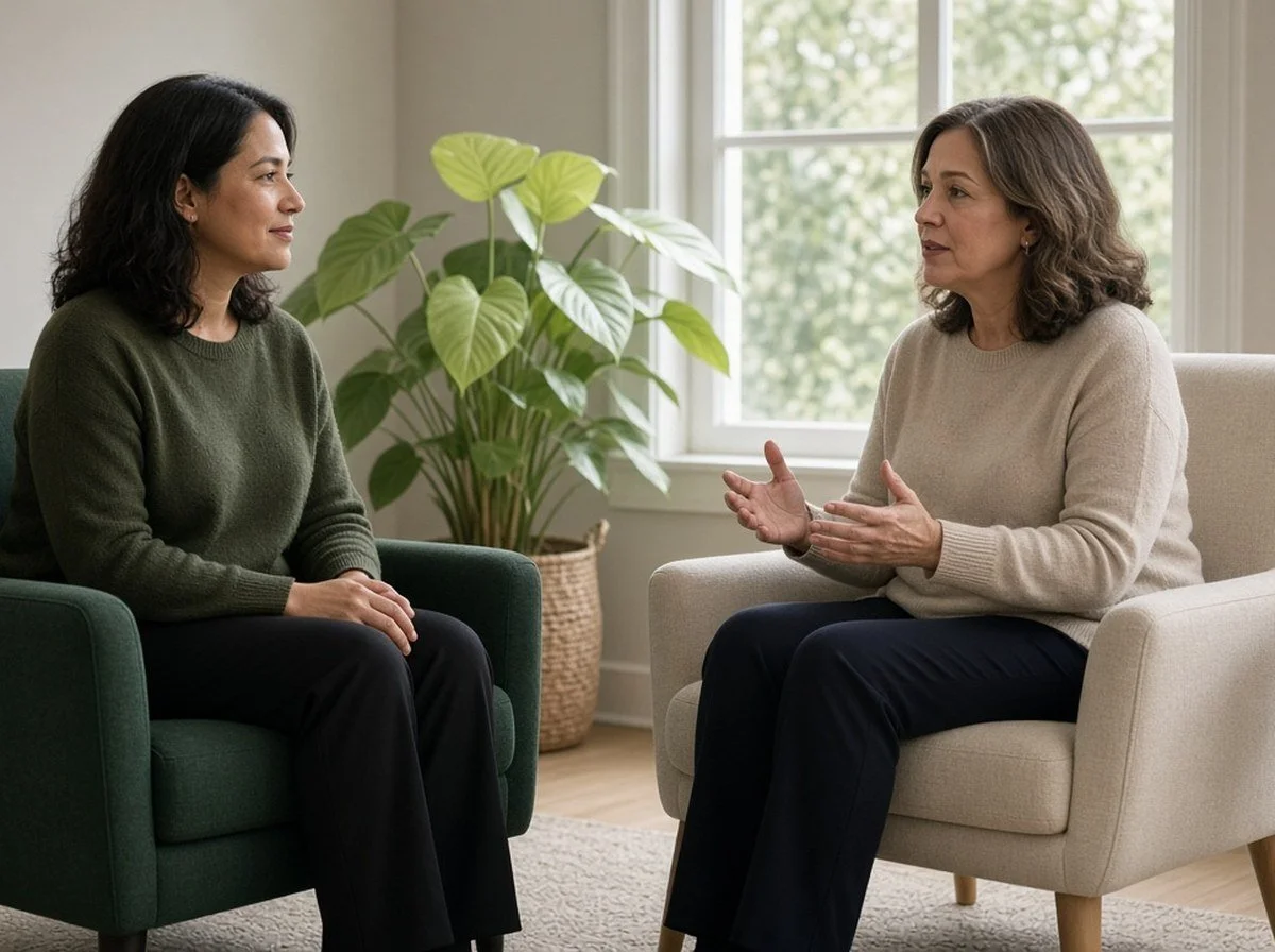A counsellor and a woman talking face to face in a calm counselling room
