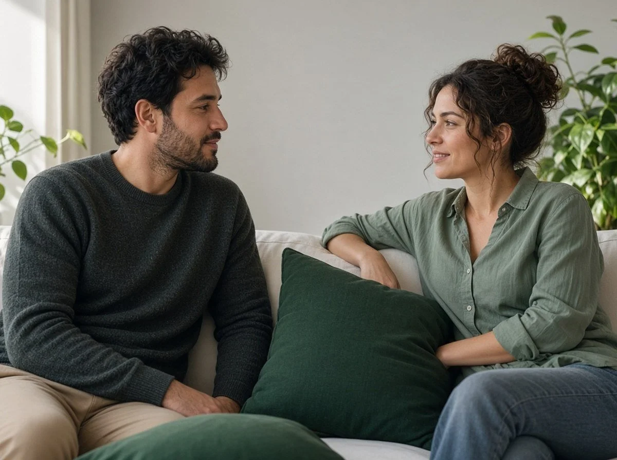 A couple in a living room facing each other, both faces visible, calm conversation