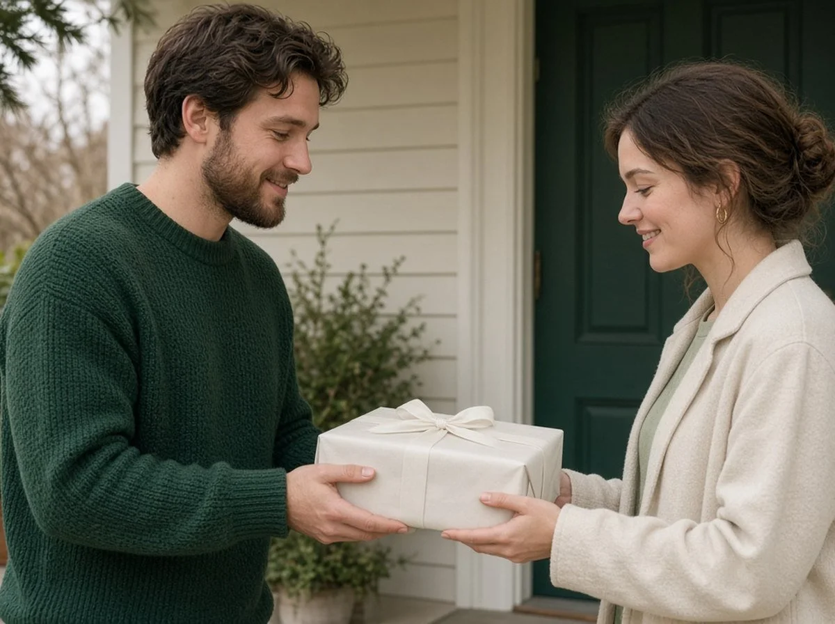 A friend handing a wrapped gift to another person on a porch
