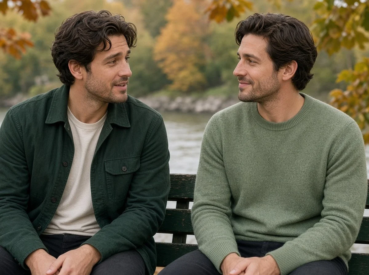 Two friends talking on a park bench, one listening supportively