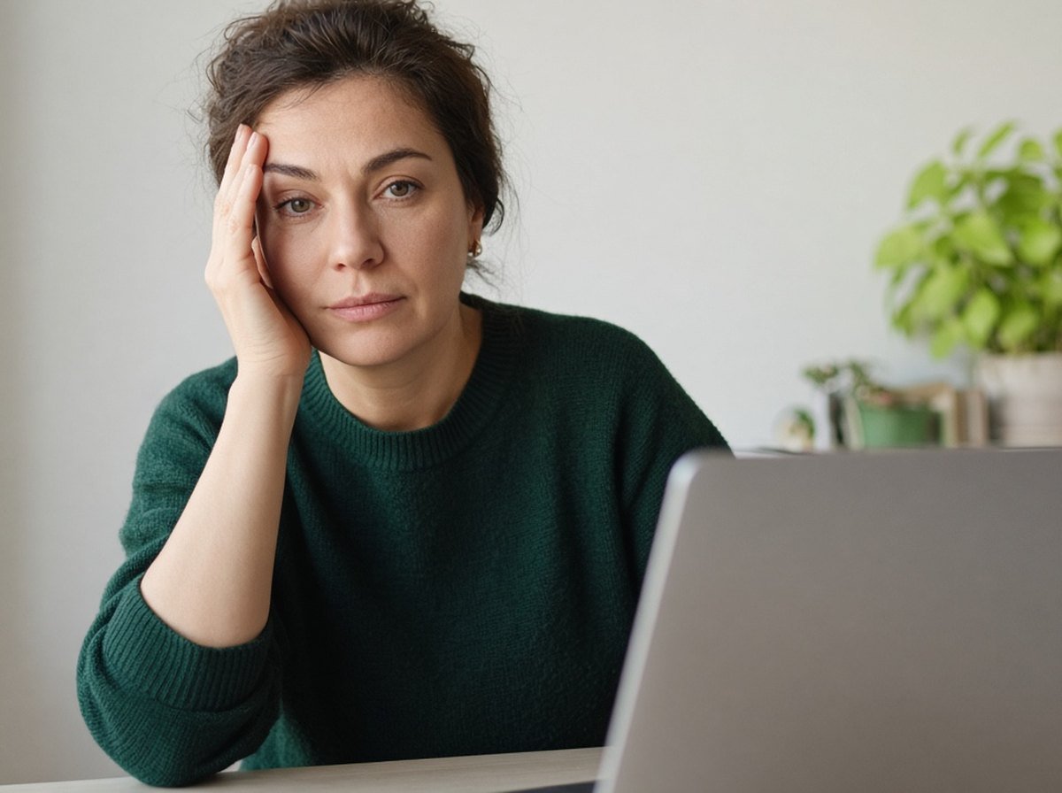 Tired woman at a desk resting her head on her hand
