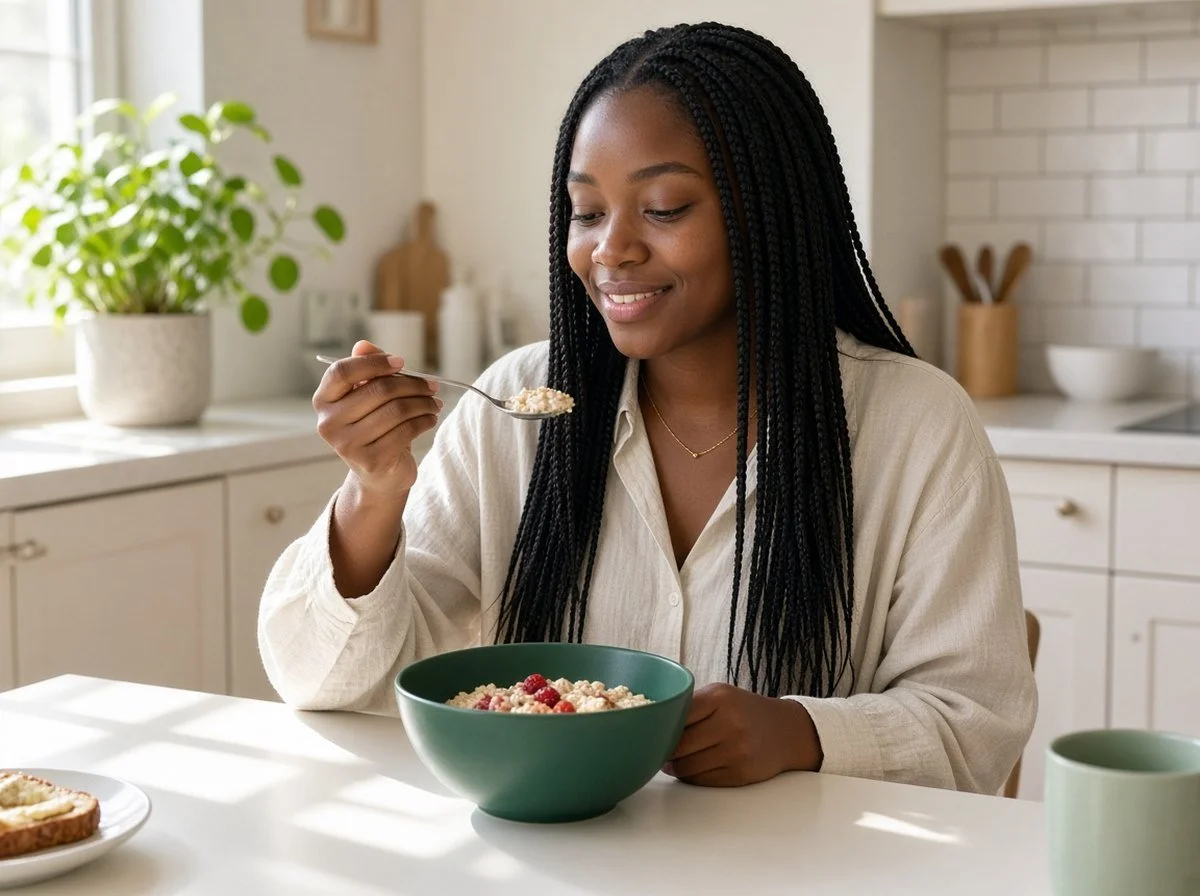 Young woman eating breakfast calmly at a sunny table