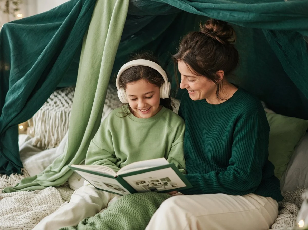 Mother and daughter in a blanket reading tent, the girl wearing headphones and smiling.