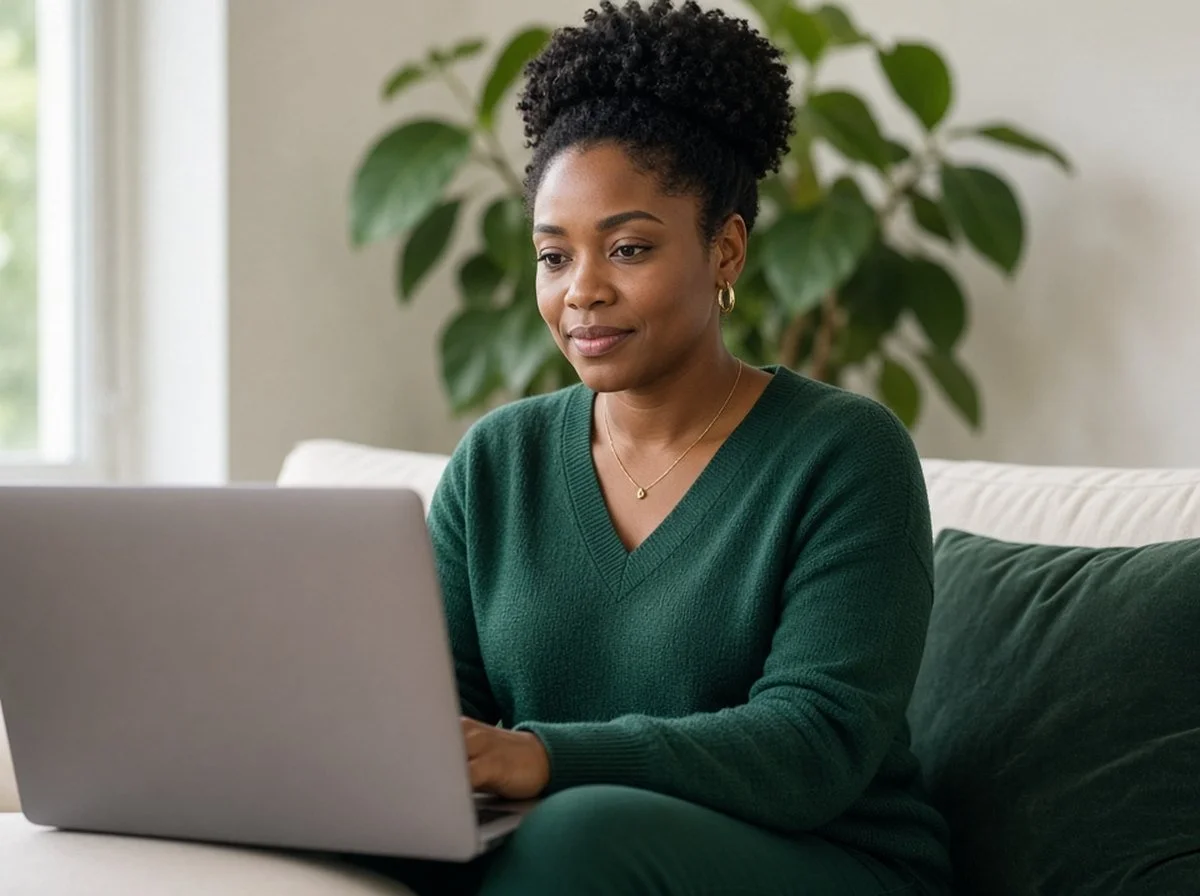 A woman in an online counselling session at home