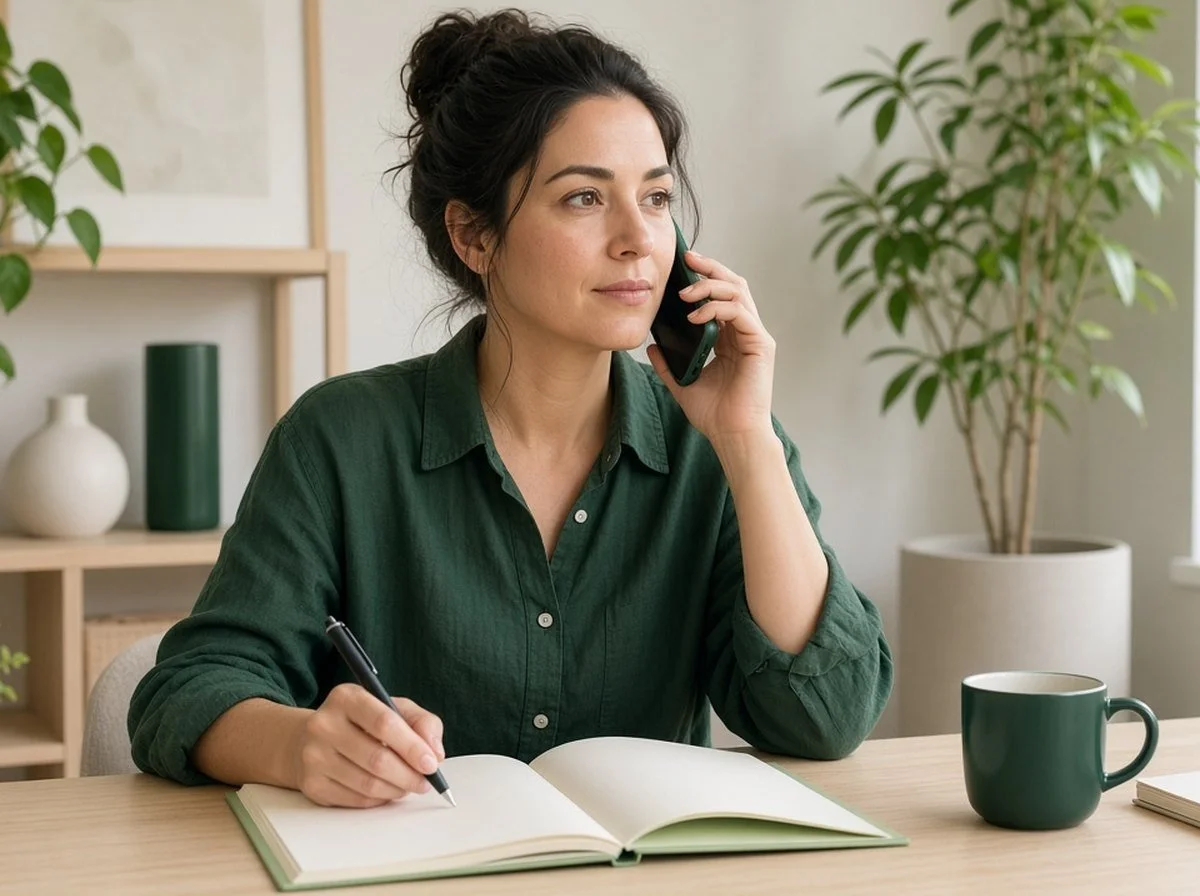 An adult on a phone call reviewing a benefits booklet at a home desk