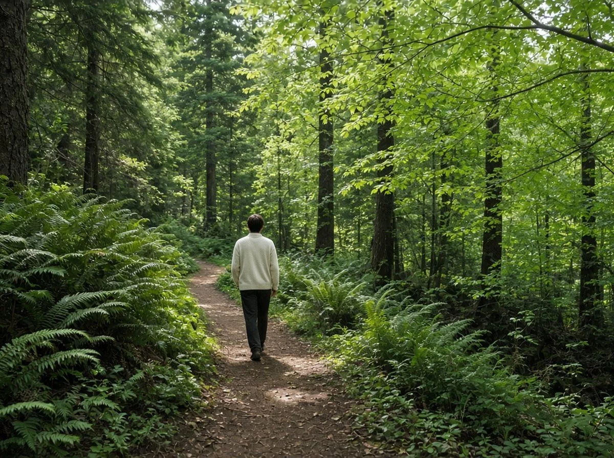 a person walking alone on a leafy trail, seen from behind