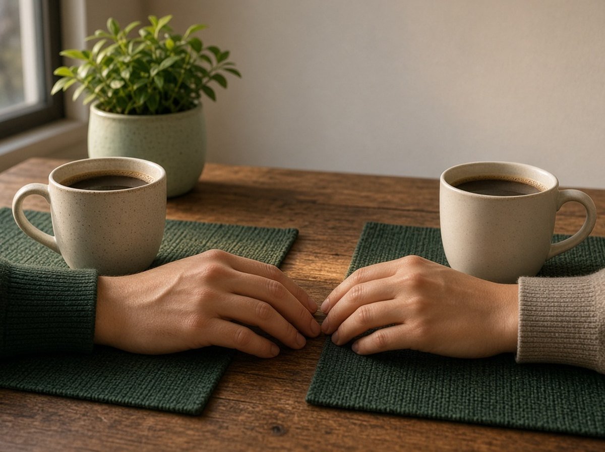 A couple reconnecting over coffee at home after a hard conversation