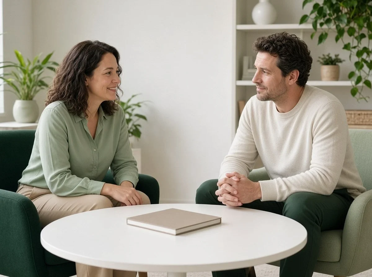 A psychologist and an adult client talking in a bright office