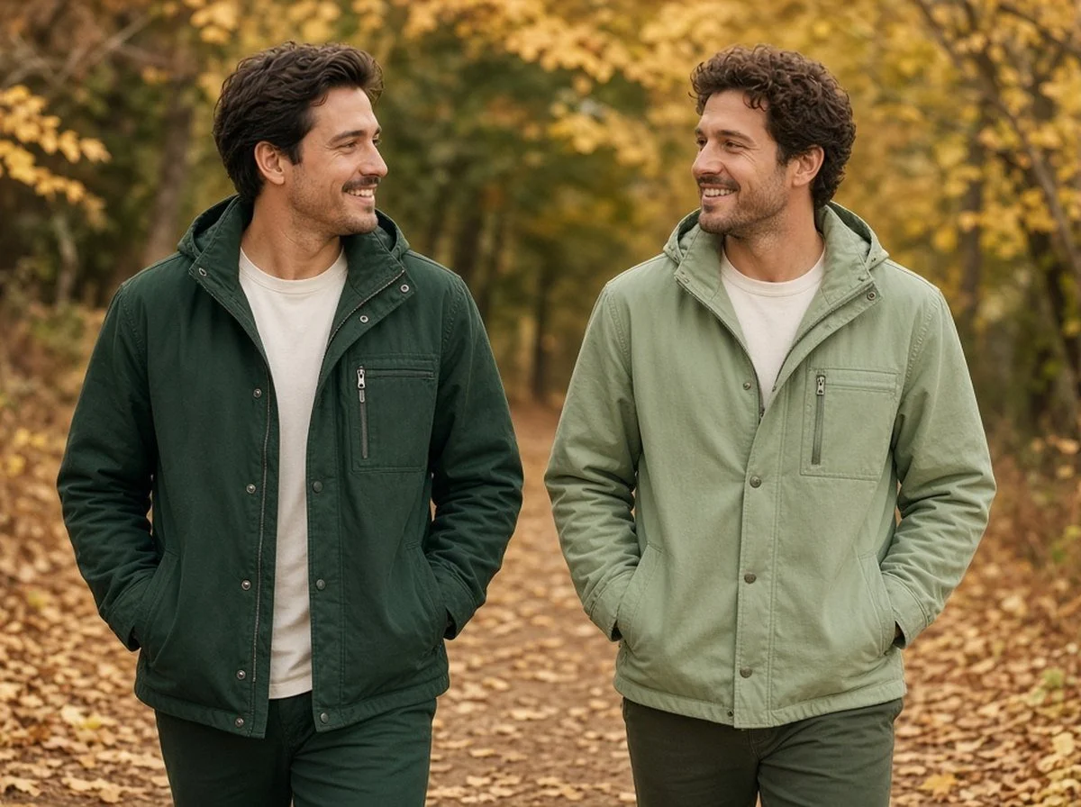 Two friends talking as they walk side by side on an autumn trail