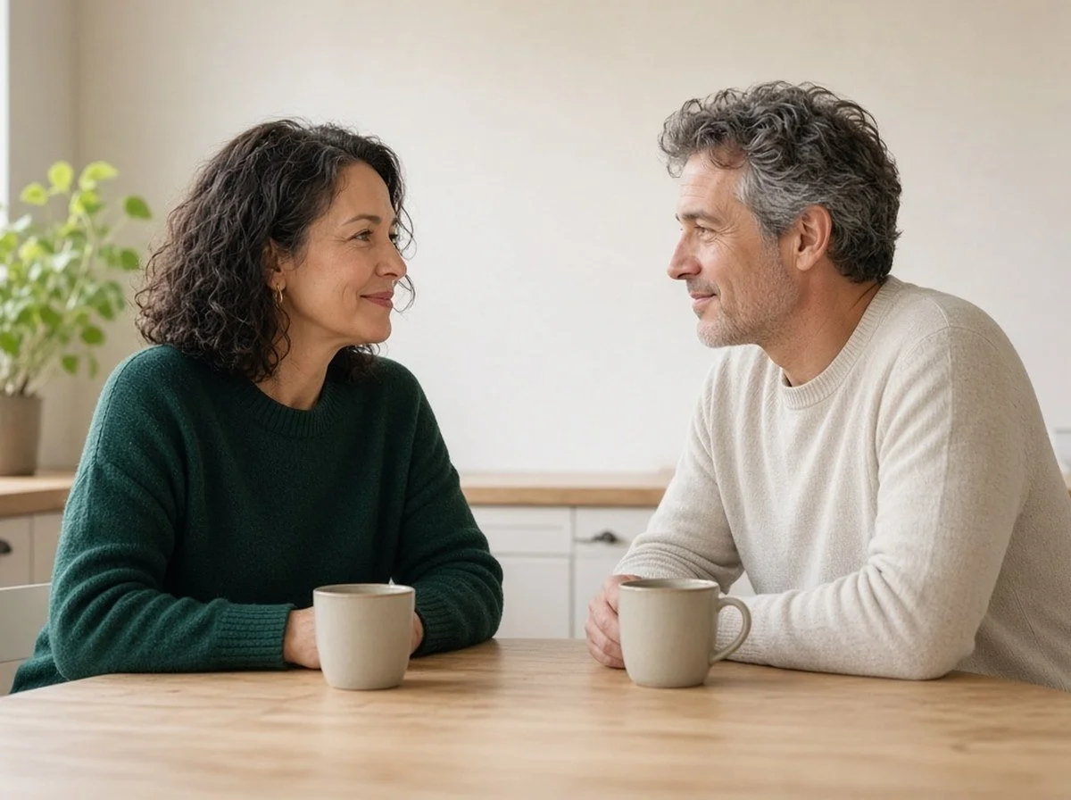 A couple at a kitchen table facing each other, talking gently over coffee