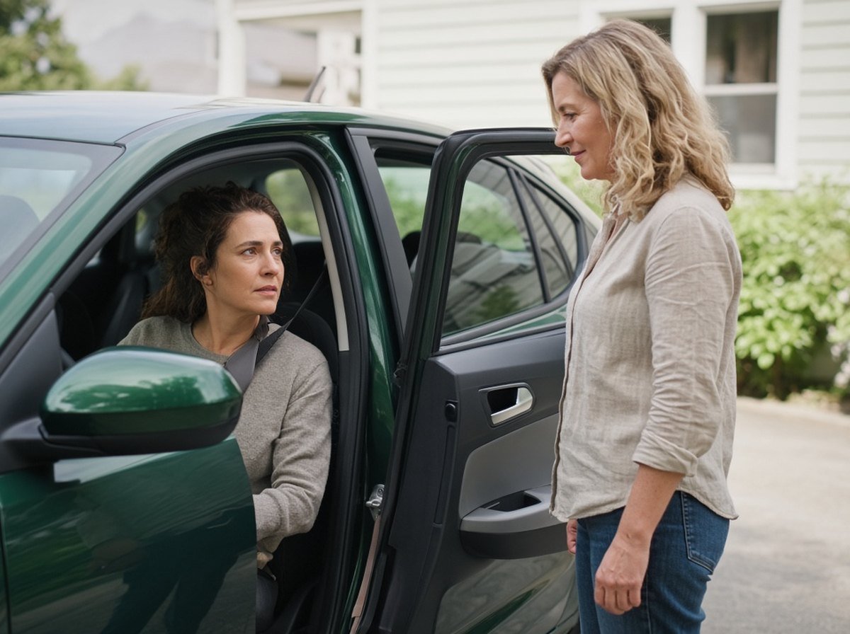 A woman in the driver's seat of a parked car talking with a friend standing at the open door