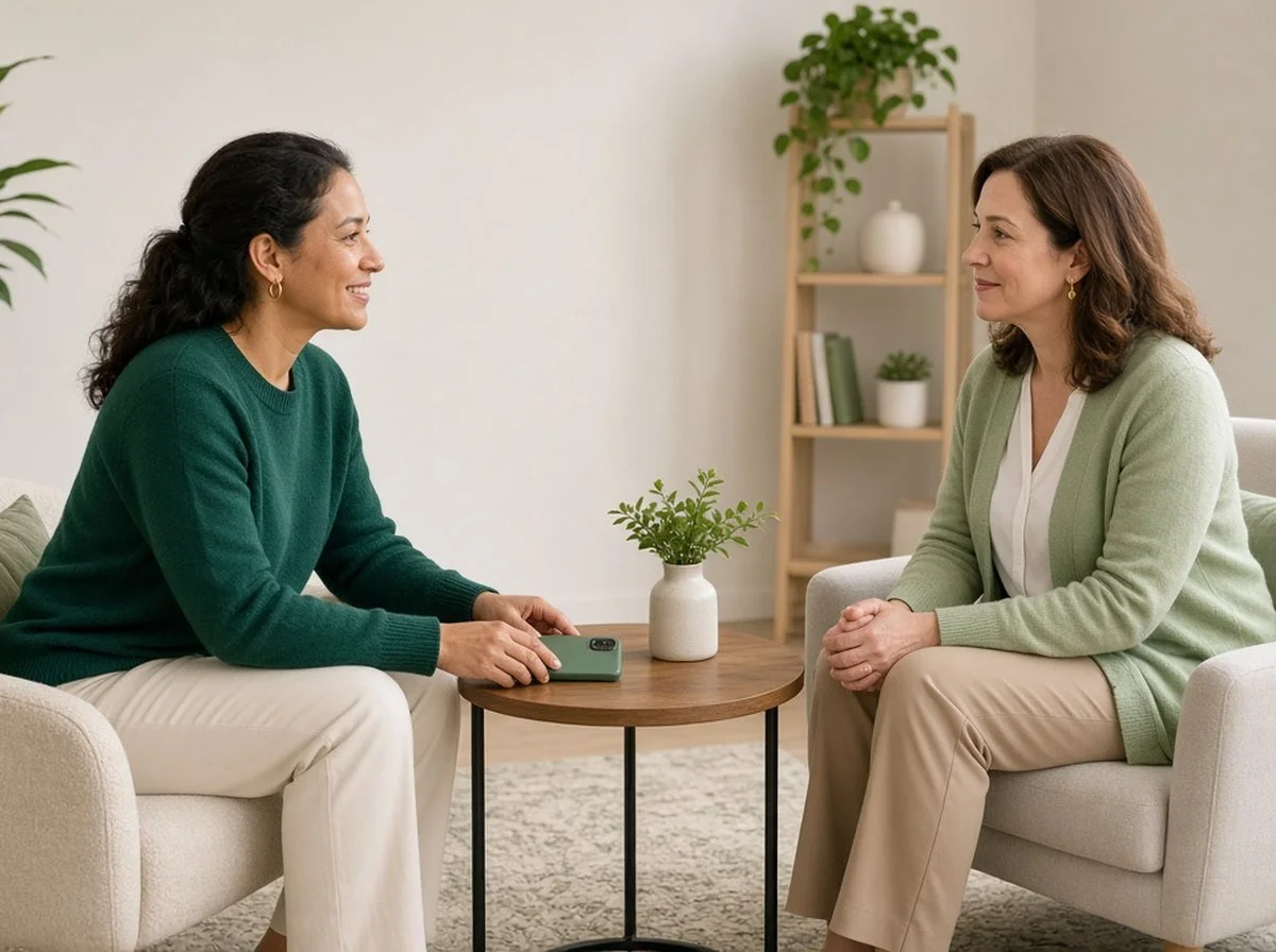 An adult placing a phone face-down while talking with a therapist