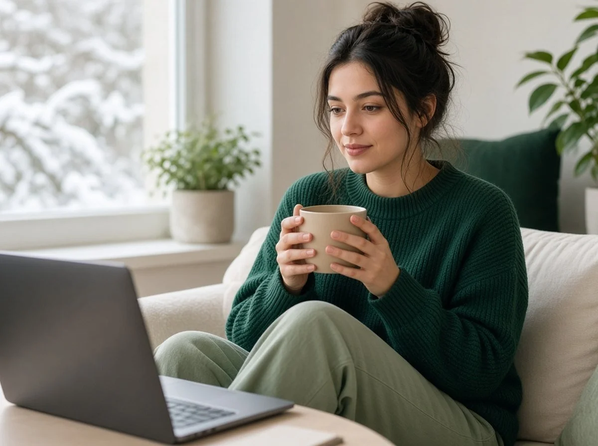 A young adult with a mug in an online counselling session at home in winter