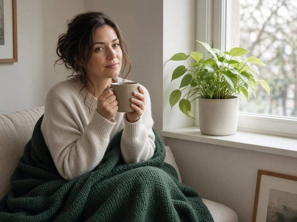 Woman sitting by a window with a mug, looking calm and thoughtful