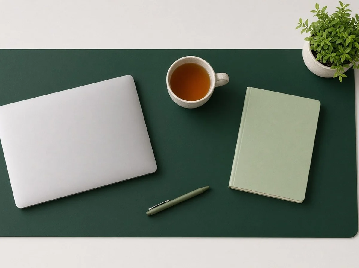 Tidy desk with a closed laptop, a cup of tea, a light green notebook and a small plant