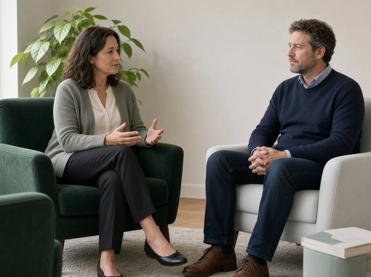 A counsellor and a client talking face to face in a calm counselling room