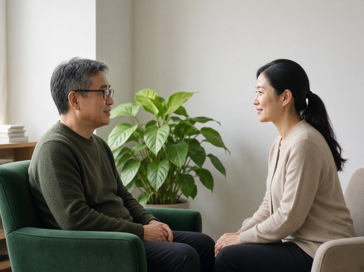 Man in his fifties talking with a therapist in a bright office